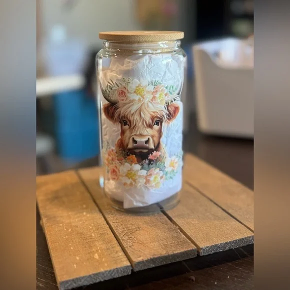 Floral Cow Glass cup with Bamboo Lid - Picture 1 of 2